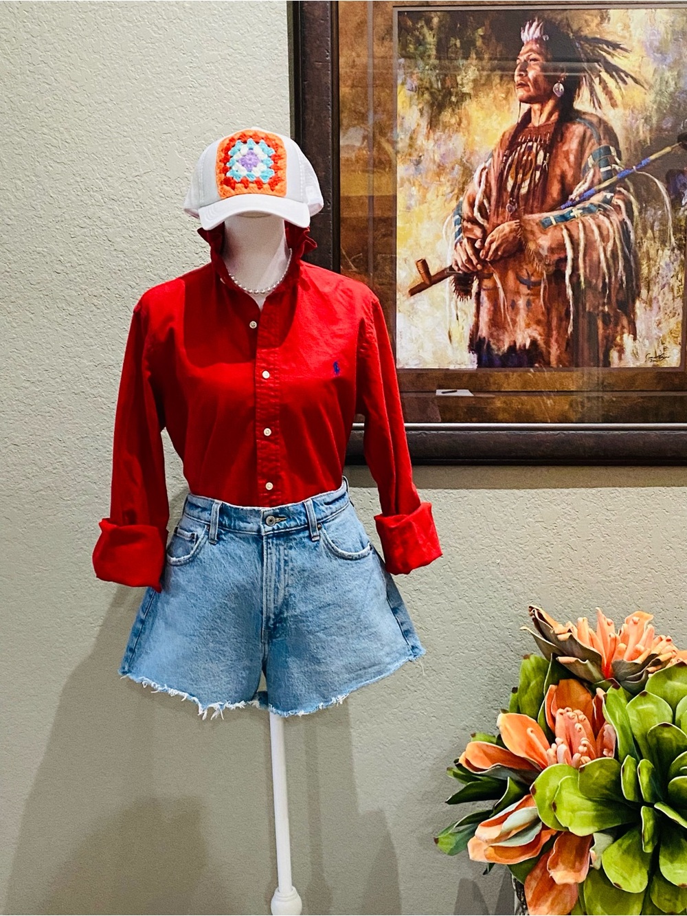 REWORKED Ralph Lauren Red Ruffle-Collar Cotton Button-Down Top - Picture 3 of 5